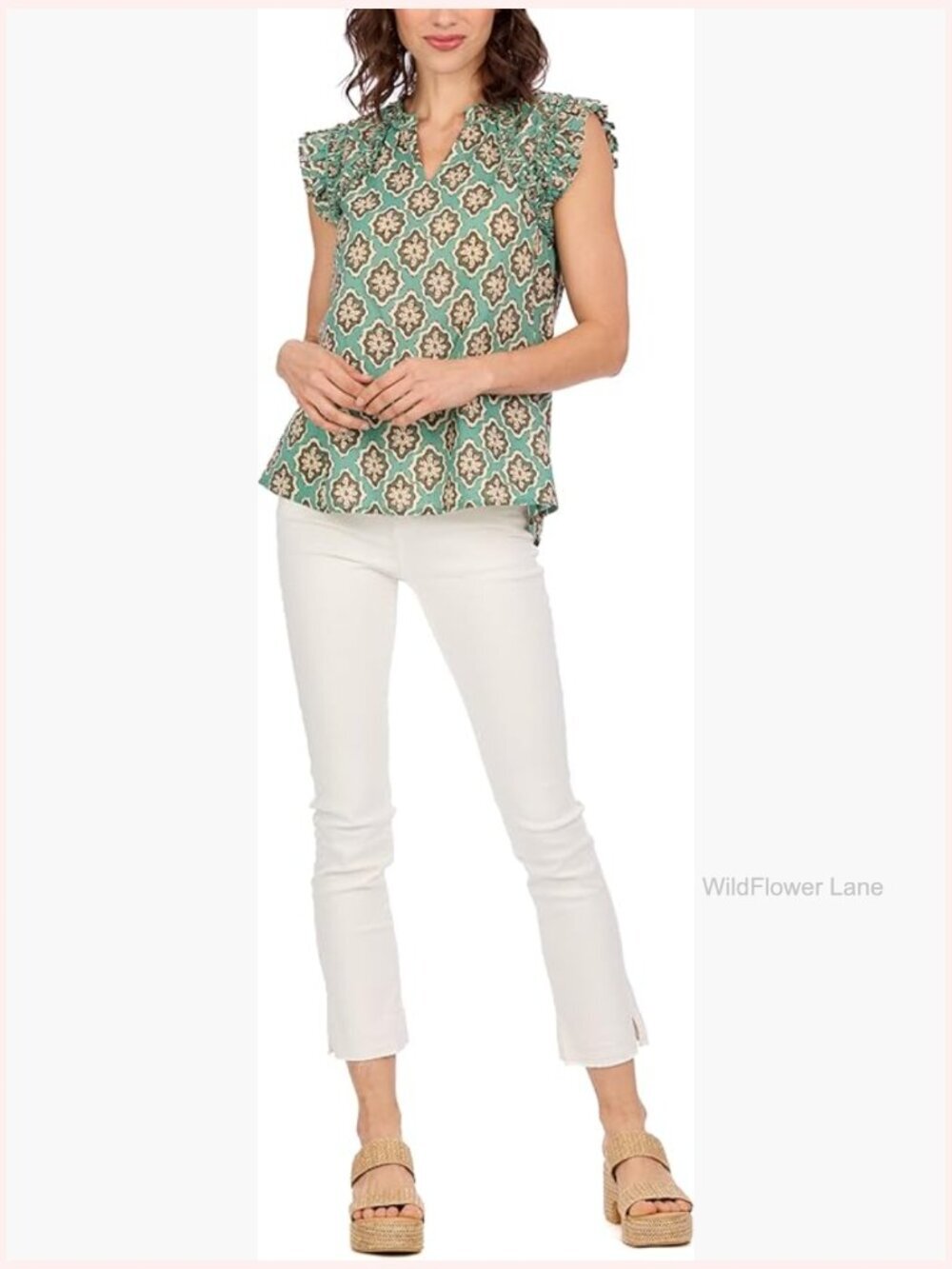 Women's Flutter Sleeve Cotton V-Neck Top Ruffle Detail